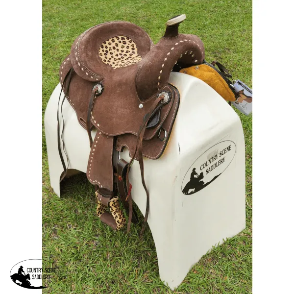 10" Double T  Youth Hard Seat Barrel style saddle with Cheetah Seat.