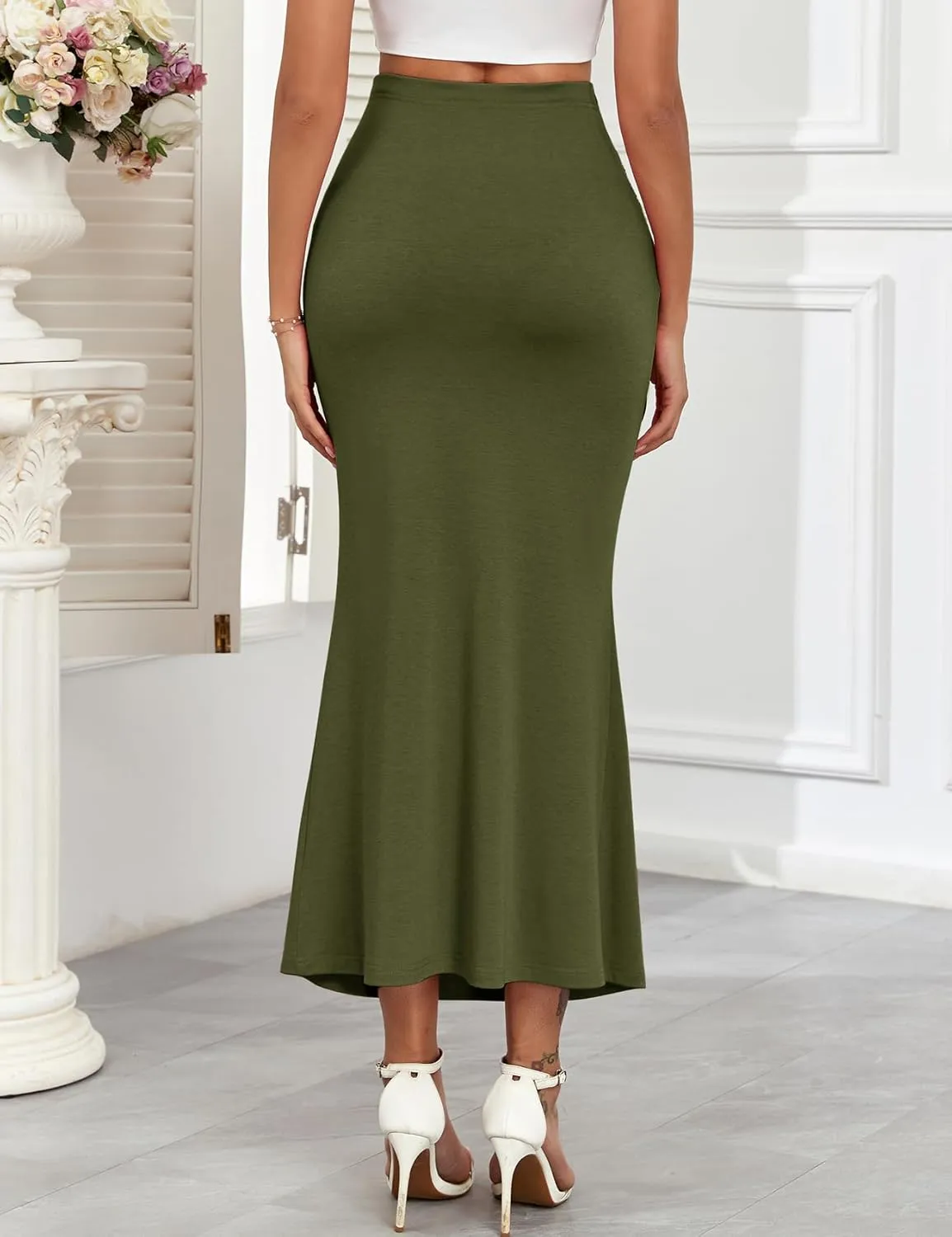 2024 Maternity Adjustable Waist Rib Knit Maxi Skirt Over The Belly Stretchy Pregnancy Long Pencil Skirts
