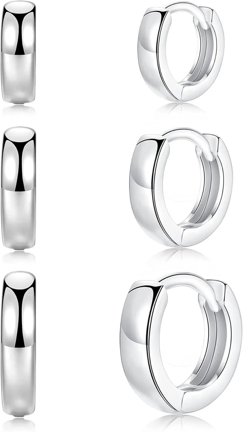 3 Pairs Small Hoop Earrings for Women Men, Sterling Silver Post Sleeper Cartilage Huggie Earring Set, 3mm in Width, Diameter in 8mm 10mm 12mm