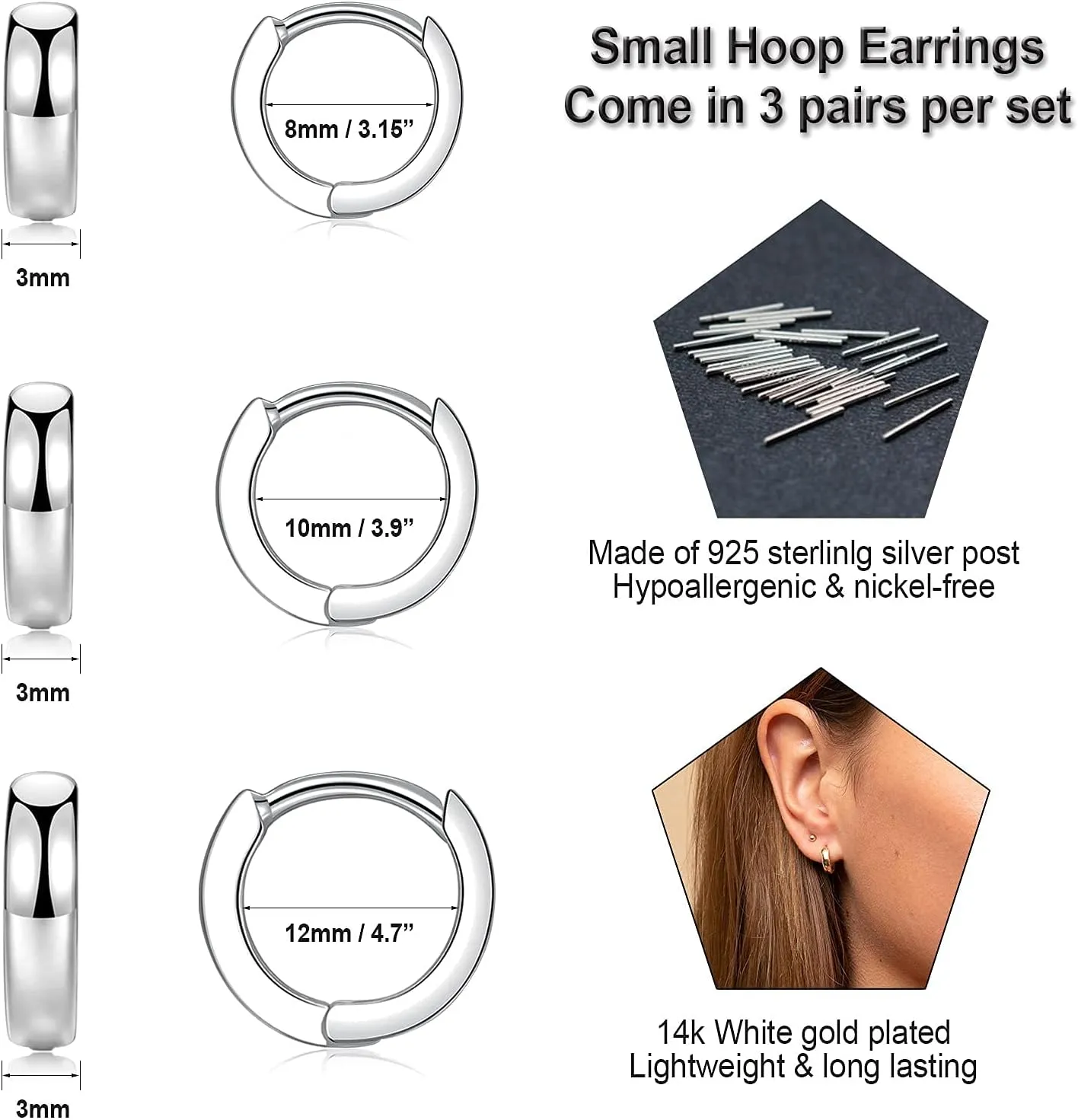 3 Pairs Small Hoop Earrings for Women Men, Sterling Silver Post Sleeper Cartilage Huggie Earring Set, 3mm in Width, Diameter in 8mm 10mm 12mm