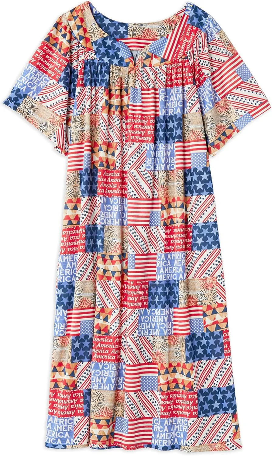 AmeriMark Casual Womens Patio Muumuu House Dress Loose Comfortable Short Sleeve Sun Dress Lounger Gown Sleepwear for Ladies