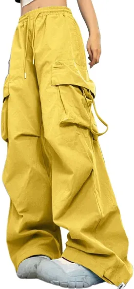 Baggy Cargo Pants Women Casual High Waisted Parachute Pants Drawstring Loose Hip Hop Wide Leg Pant Y2K Streetwear