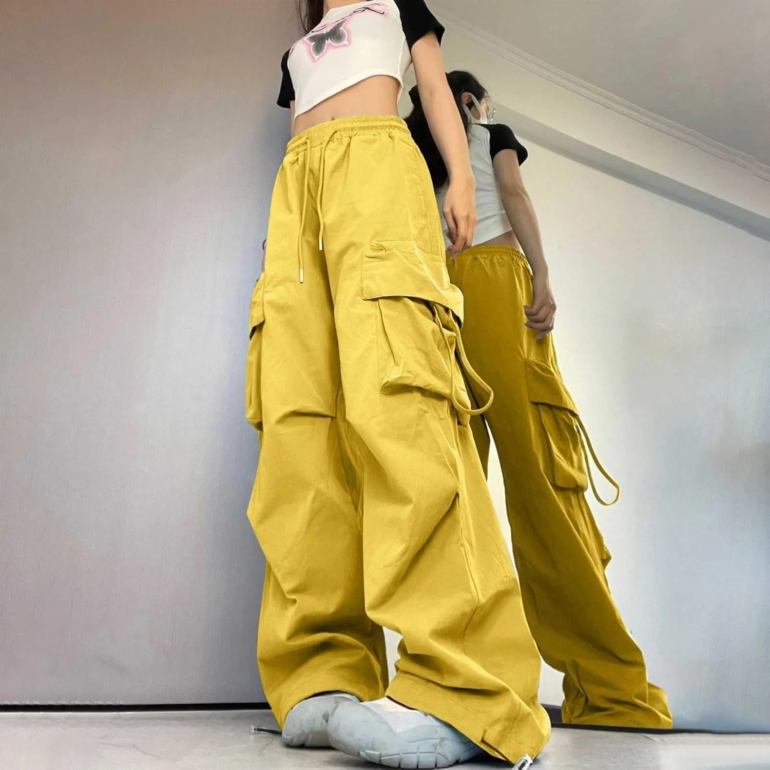 Baggy Cargo Pants Women Casual High Waisted Parachute Pants Drawstring Loose Hip Hop Wide Leg Pant Y2K Streetwear