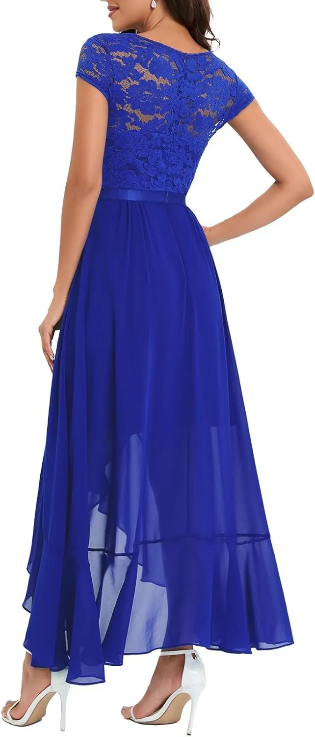 Bbonlinedress Women's V-Neck Dress for Women Wedding Guest Hi-Lo Floral Lace Prom Cocktail Party Formal Bridesmaid Dress
