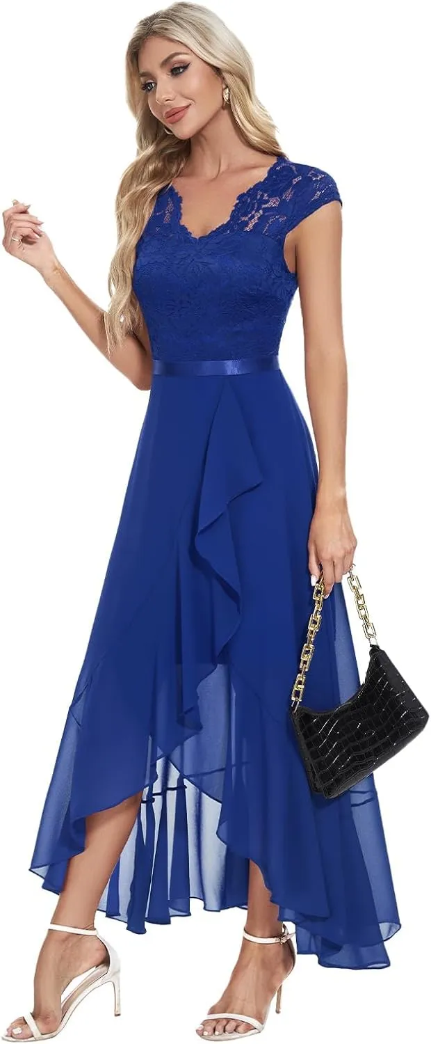 Bbonlinedress Women's V-Neck Dress for Women Wedding Guest Hi-Lo Floral Lace Prom Cocktail Party Formal Bridesmaid Dress
