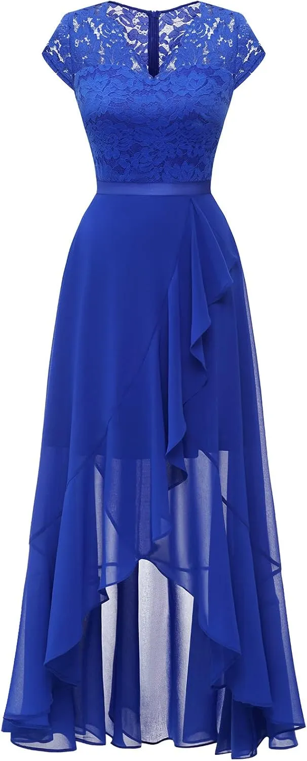 Bbonlinedress Women's V-Neck Dress for Women Wedding Guest Hi-Lo Floral Lace Prom Cocktail Party Formal Bridesmaid Dress