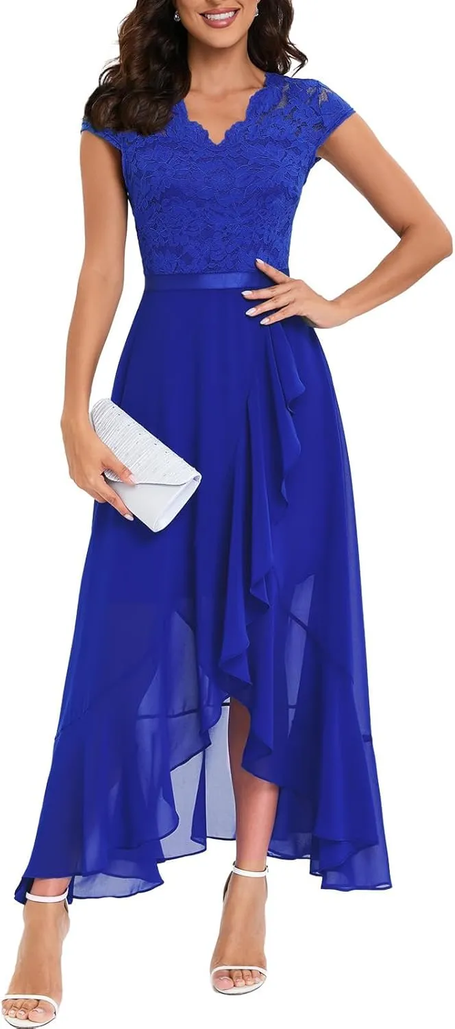Bbonlinedress Women's V-Neck Dress for Women Wedding Guest Hi-Lo Floral Lace Prom Cocktail Party Formal Bridesmaid Dress