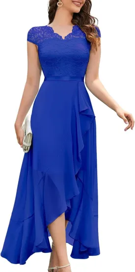 Bbonlinedress Women's V-Neck Dress for Women Wedding Guest Hi-Lo Floral Lace Prom Cocktail Party Formal Bridesmaid Dress