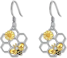 Bee Sunflower Honeycomb Earrings Lightweight Insect Bee Drop Earrings Jewelry for Women Gifts Plant Daisy Flower Dangle Statement Earrings