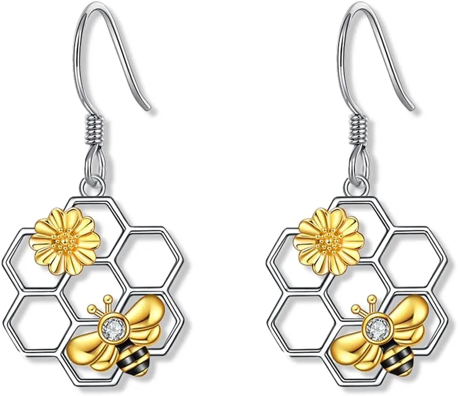 Bee Sunflower Honeycomb Earrings Lightweight Insect Bee Drop Earrings Jewelry for Women Gifts Plant Daisy Flower Dangle Statement Earrings