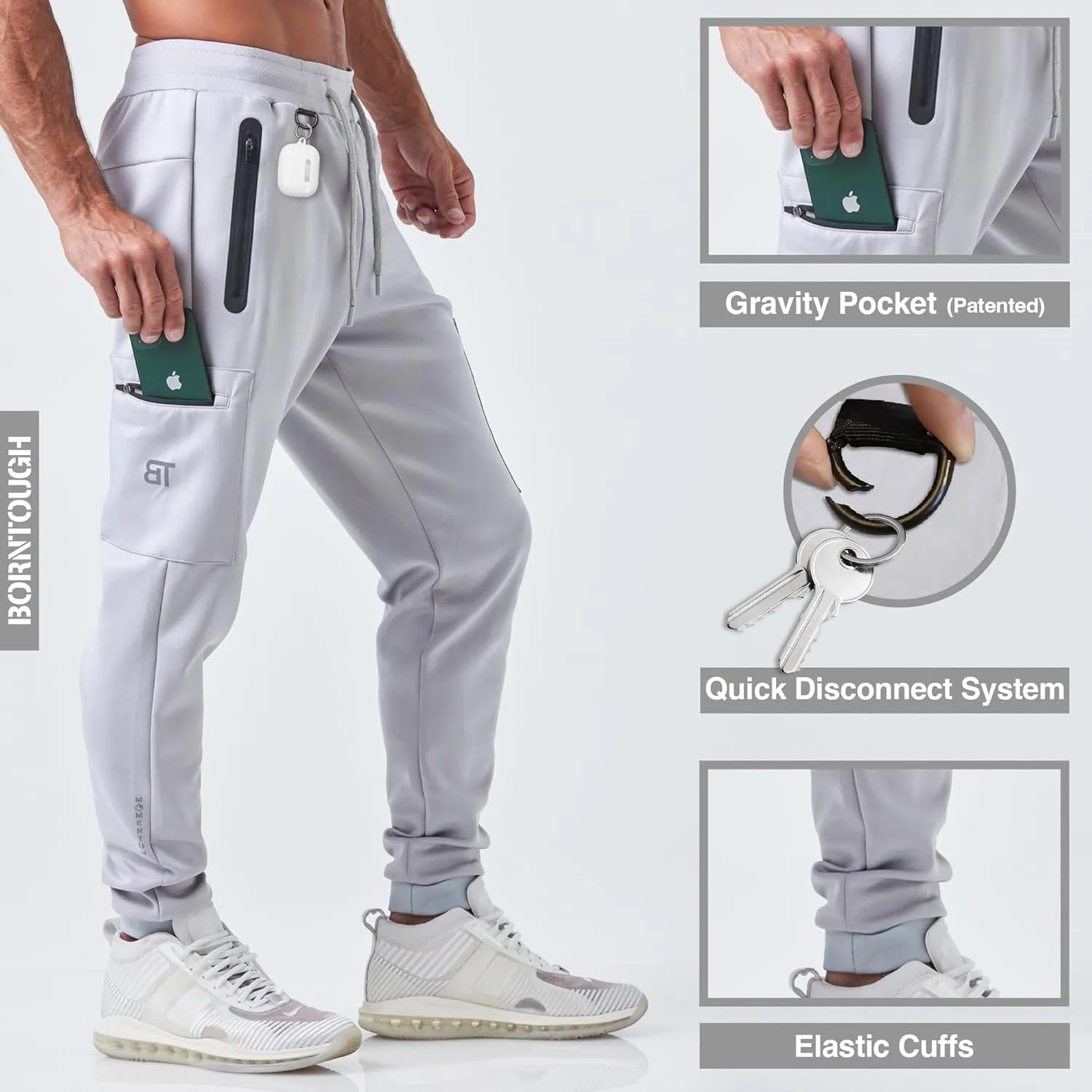 Born Tough Men's Tapered Bodybuilding Gym Joggers with Cargo Pockets, Athletic Running Sweatpants