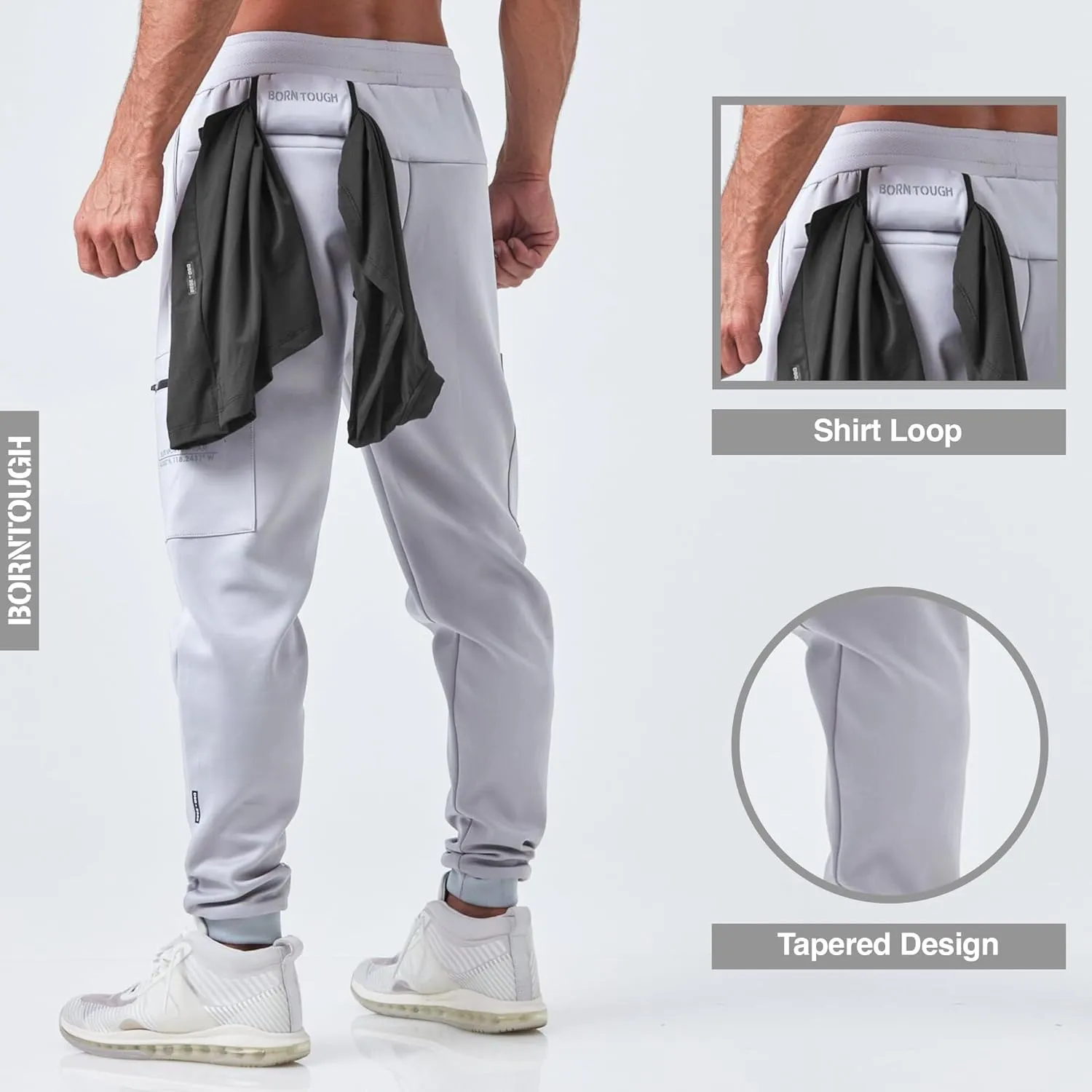 Born Tough Men's Tapered Bodybuilding Gym Joggers with Cargo Pockets, Athletic Running Sweatpants