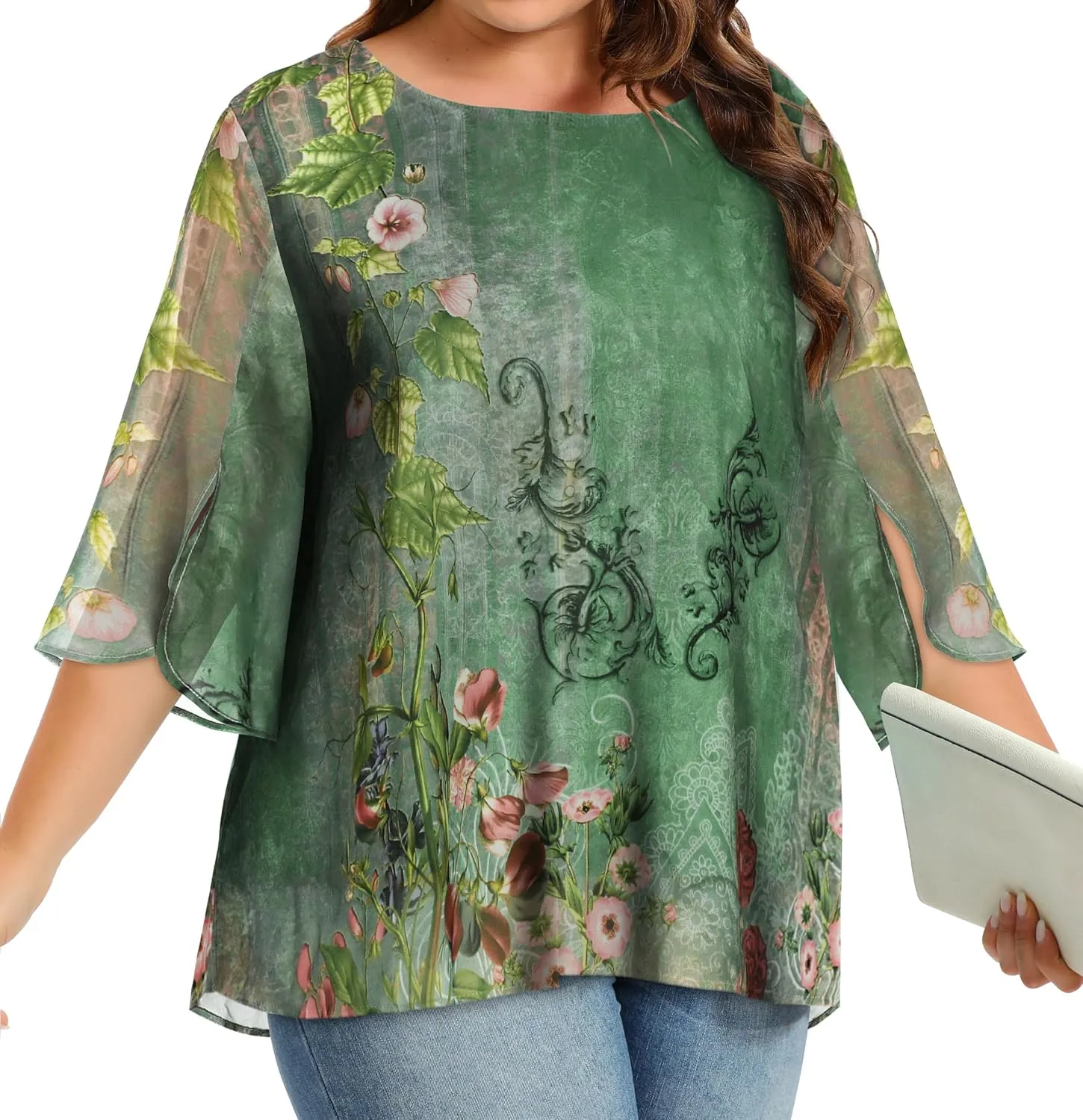 CHICGAL Womens Tops Dressy Casual Summer Chiffon Blouse 3/4 Sleeve Loose Mesh Tunic Shirts