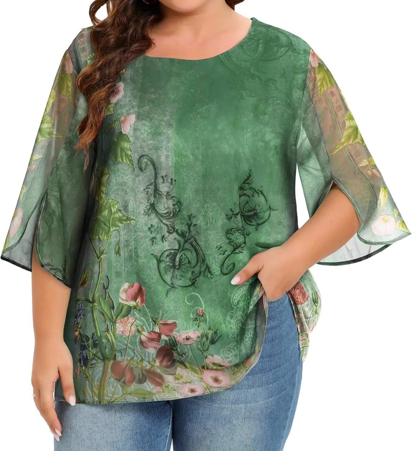 CHICGAL Womens Tops Dressy Casual Summer Chiffon Blouse 3/4 Sleeve Loose Mesh Tunic Shirts