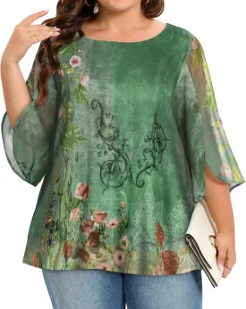 CHICGAL Womens Tops Dressy Casual Summer Chiffon Blouse 3/4 Sleeve Loose Mesh Tunic Shirts