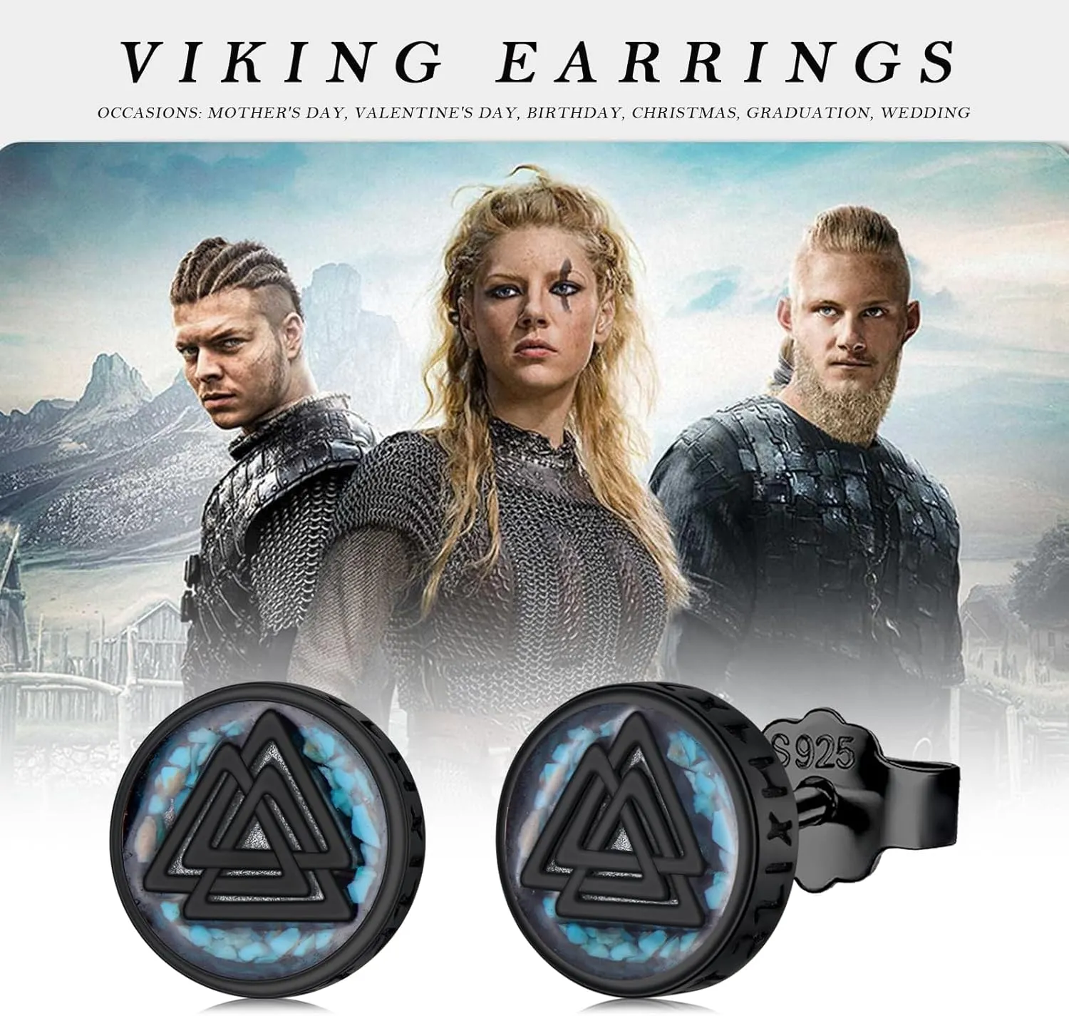 Cross/Ankh/Peace/Viking Stud Earrings for Men Women 925 Sterling Silver Turquoise Earrings Hypoallergenic Celtic Jewelry Valentines Birthday Gifts for Friends Brothers Sisters