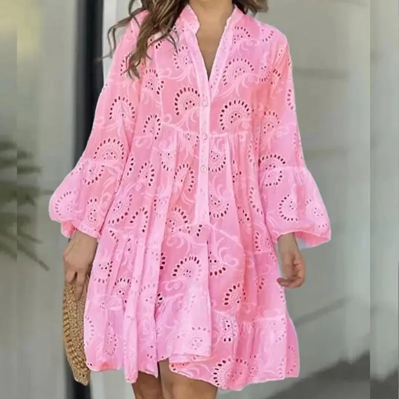 Elegant V-neck Lace Mini Dress - Summer Casual Women's Beachwear