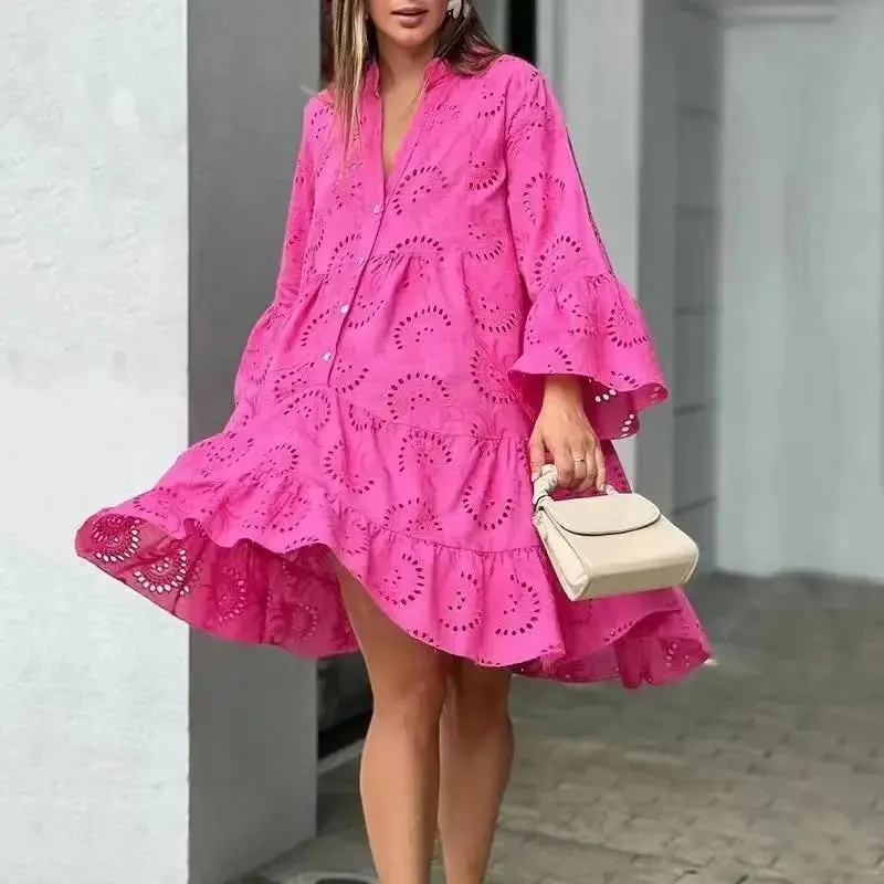 Elegant V-neck Lace Mini Dress - Summer Casual Women's Beachwear