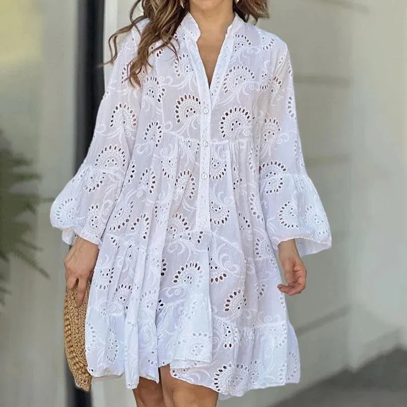 Elegant V-neck Lace Mini Dress - Summer Casual Women's Beachwear