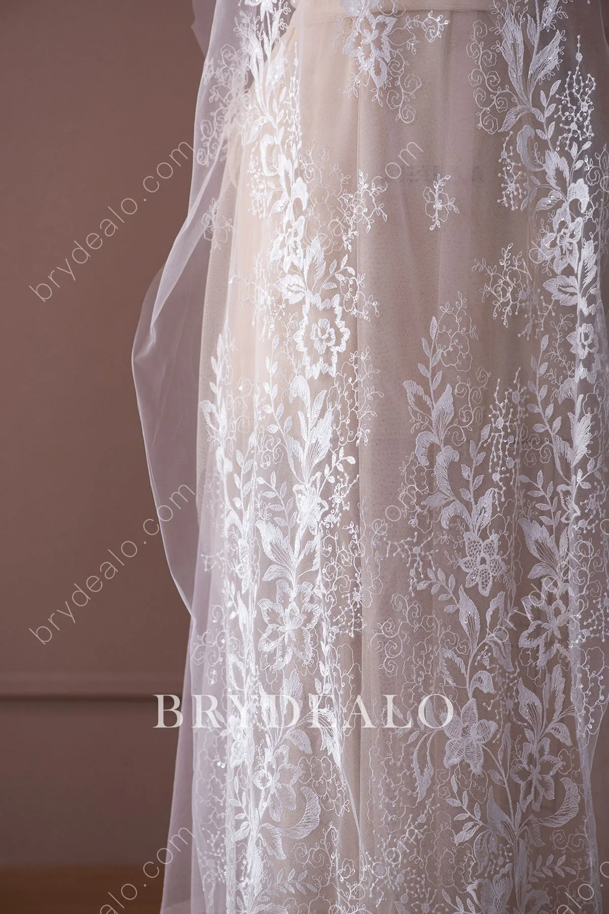Exquisite Sequined Floral Leafy Lace Fabric for Designer Dresses