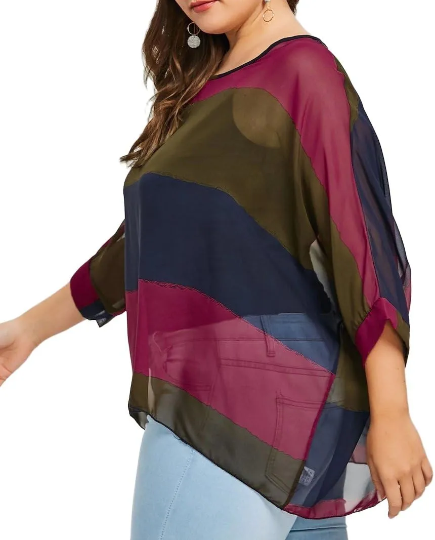 Fendxxxl Women's Batwing Tops Casual Chiffon Blouse Colorblock Shirt Loose Tunics