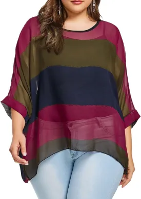 Fendxxxl Women's Batwing Tops Casual Chiffon Blouse Colorblock Shirt Loose Tunics