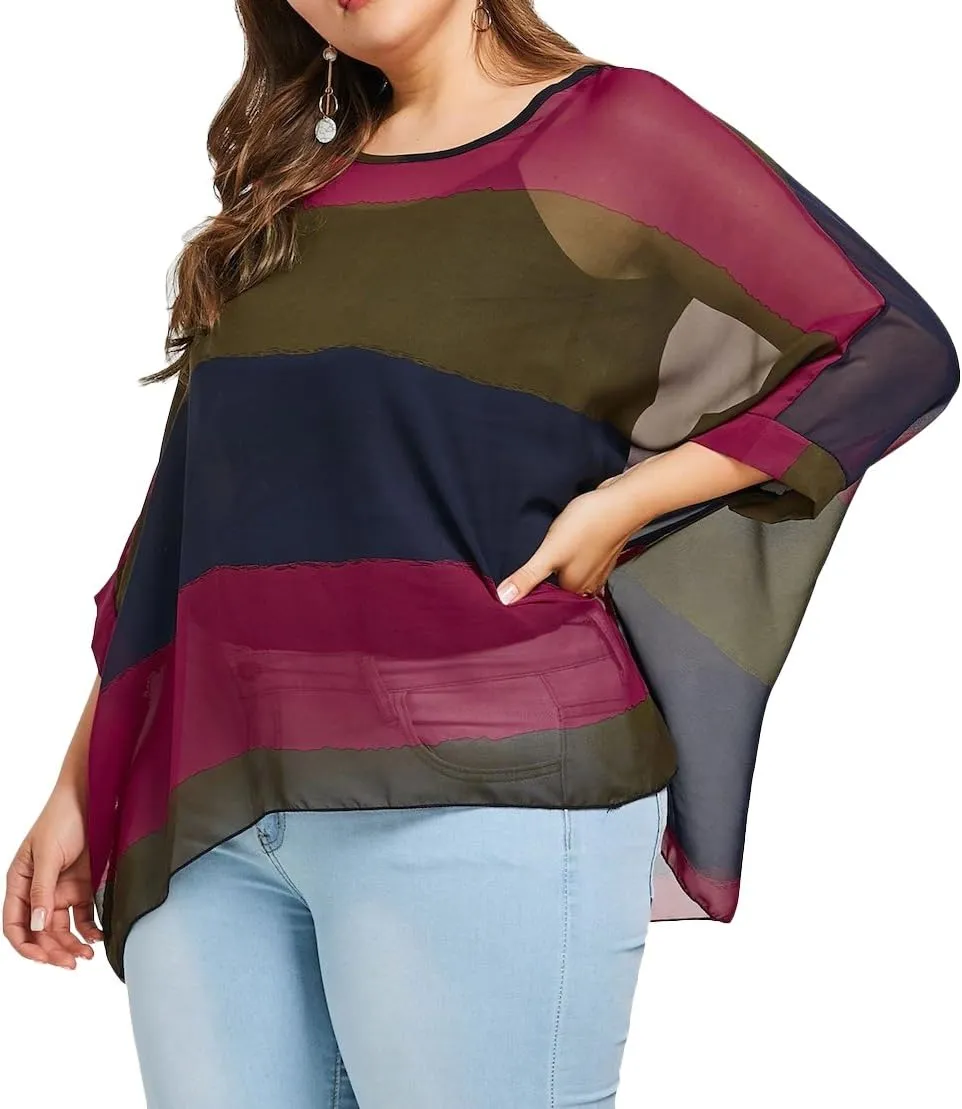 Fendxxxl Women's Batwing Tops Casual Chiffon Blouse Colorblock Shirt Loose Tunics