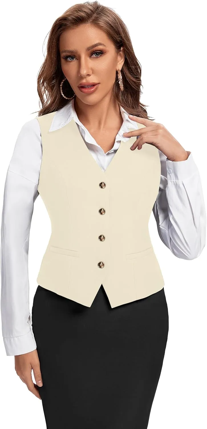 Foucome Women's Formal Regular Fitted Business Dress Suits Button Down Vest Waistcoat