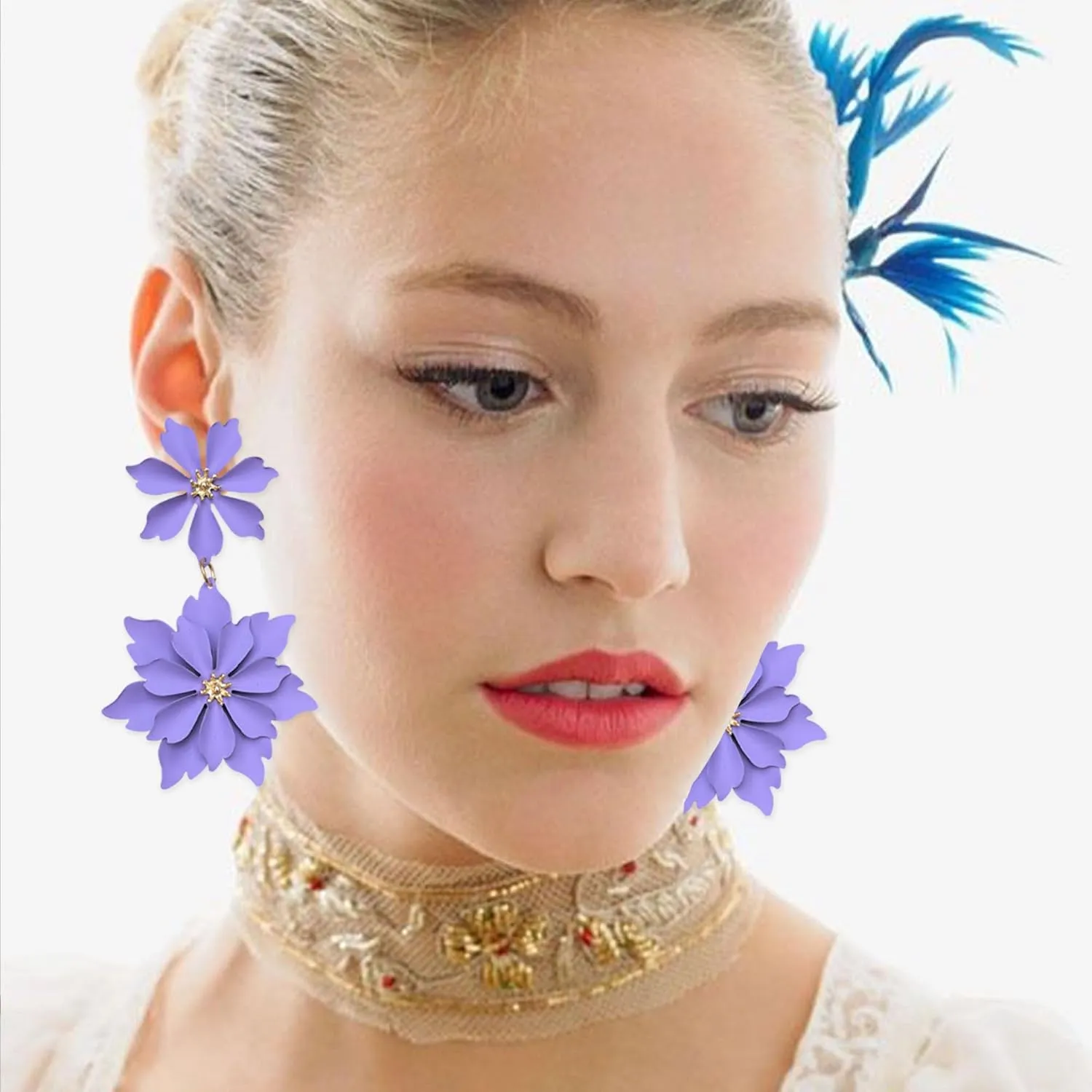 Handmade Bohemian Large Matte Double Flower Dangle Drop Earrings Metal floral Stud Earrings For Women Statement Wedding Holiday Jewelry Gifts