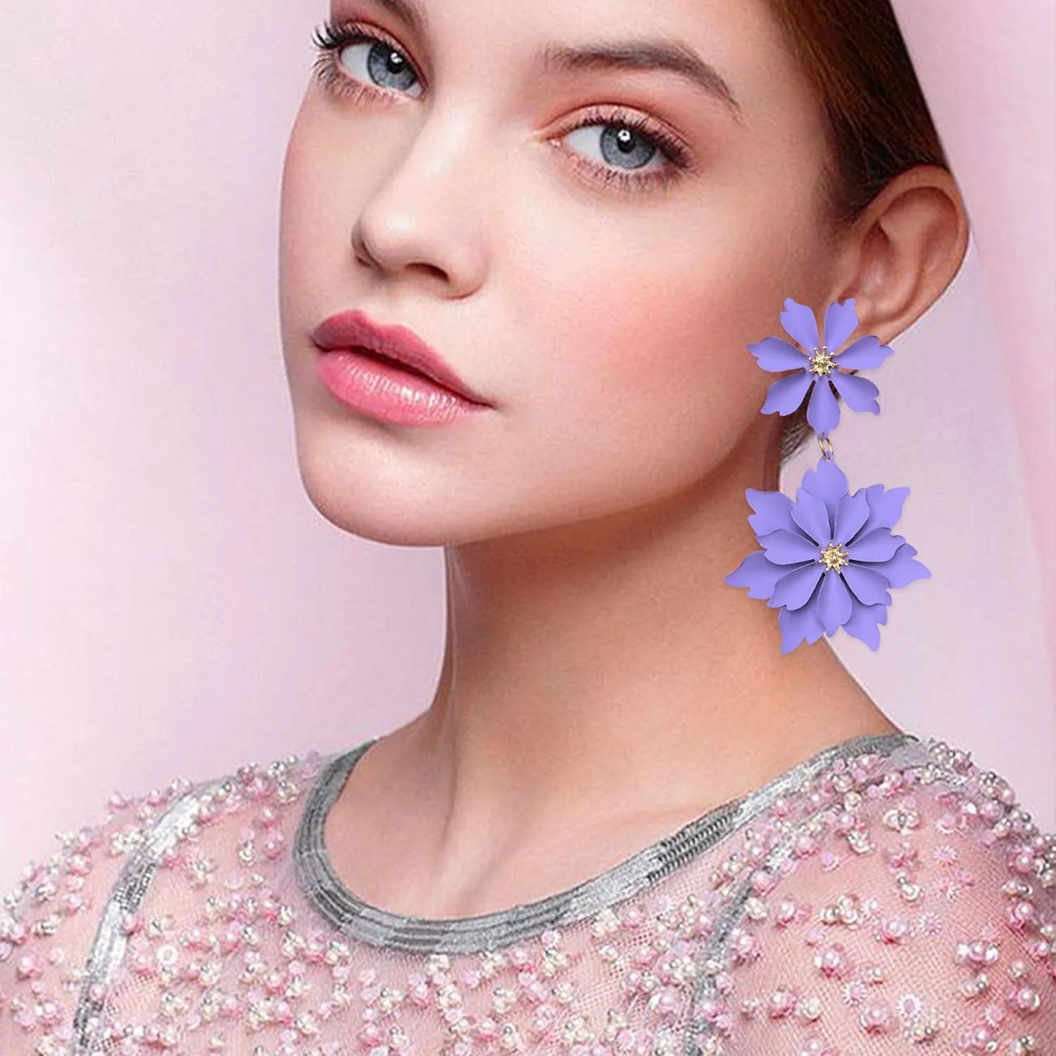 Handmade Bohemian Large Matte Double Flower Dangle Drop Earrings Metal floral Stud Earrings For Women Statement Wedding Holiday Jewelry Gifts