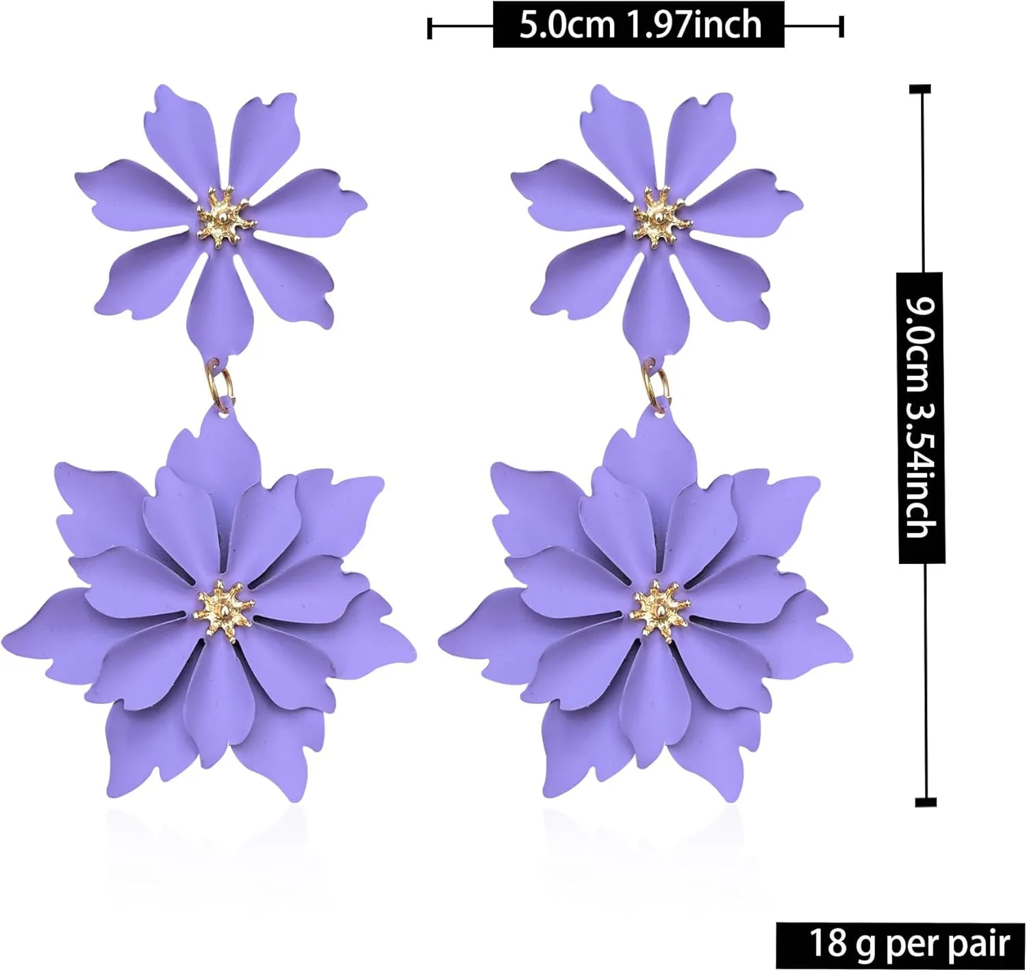 Handmade Bohemian Large Matte Double Flower Dangle Drop Earrings Metal floral Stud Earrings For Women Statement Wedding Holiday Jewelry Gifts