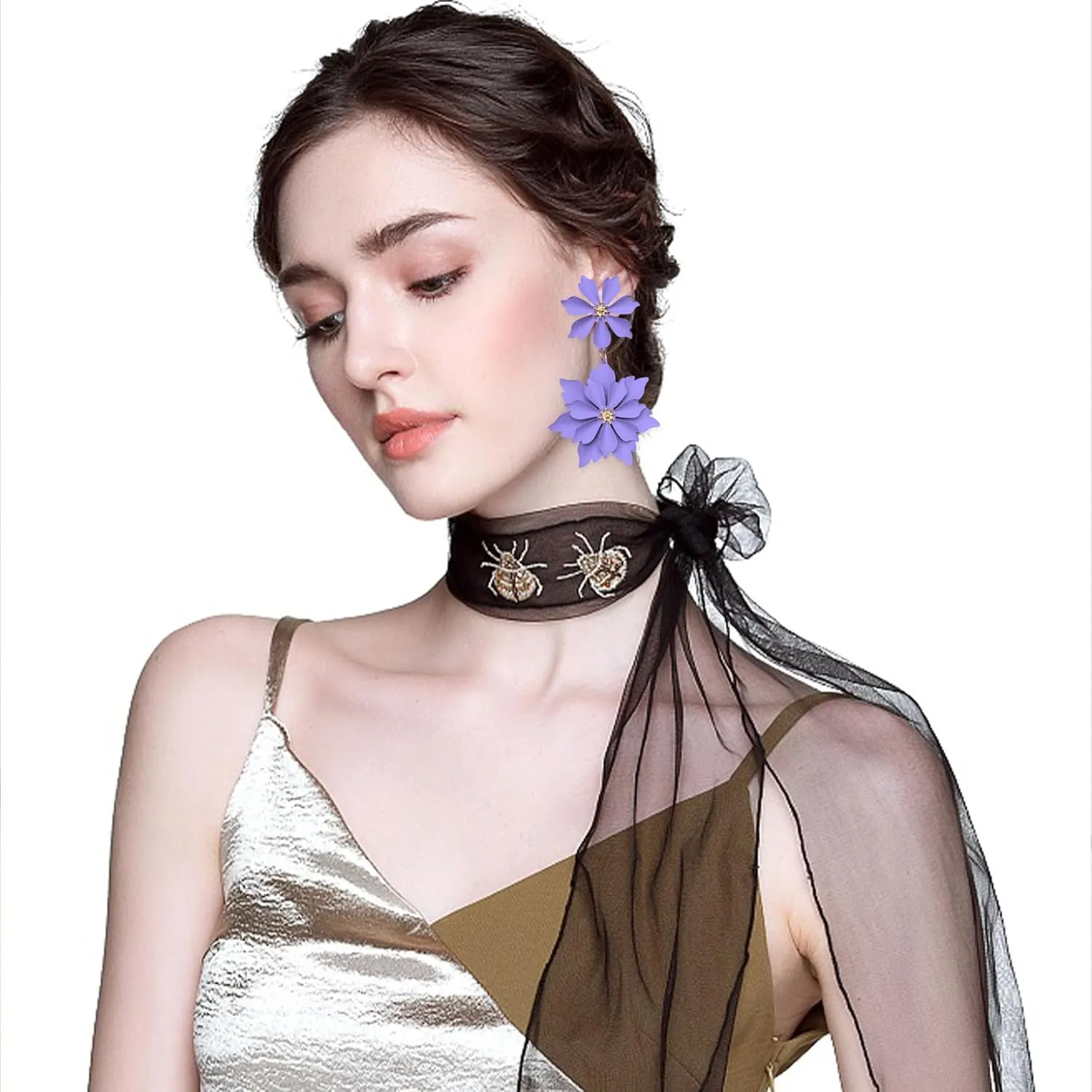 Handmade Bohemian Large Matte Double Flower Dangle Drop Earrings Metal floral Stud Earrings For Women Statement Wedding Holiday Jewelry Gifts
