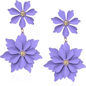 Handmade Bohemian Large Matte Double Flower Dangle Drop Earrings Metal floral Stud Earrings For Women Statement Wedding Holiday Jewelry Gifts