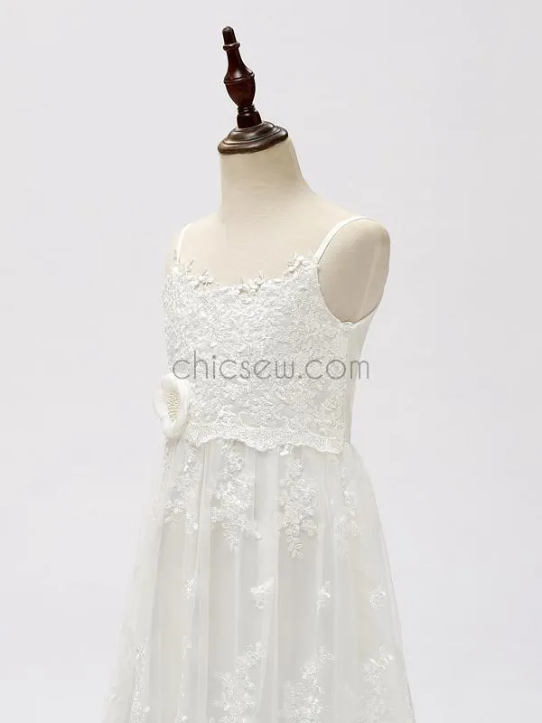 Ivory Tulle Lace A-line Long Flower Girl Dresses SDP1120