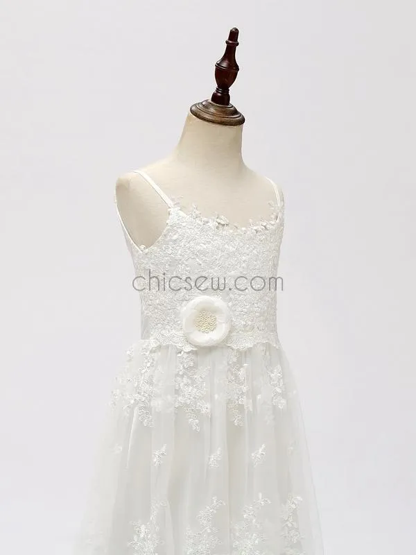 Ivory Tulle Lace A-line Long Flower Girl Dresses SDP1120