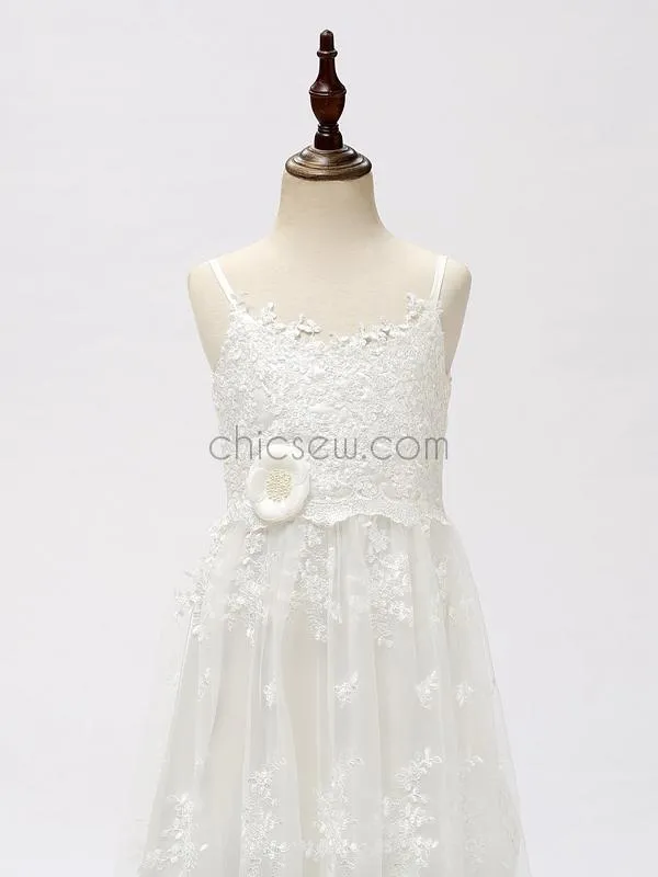 Ivory Tulle Lace A-line Long Flower Girl Dresses SDP1120