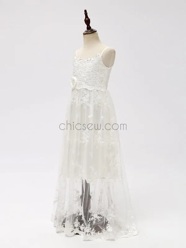 Ivory Tulle Lace A-line Long Flower Girl Dresses SDP1120