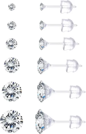 Jstyle 6Pairs Clear Plastic Post Stud Earrings for Women Plastic Earrings for Sensitive Ears Cubic Zirconia Stud Earrings Set 3mm-8mm