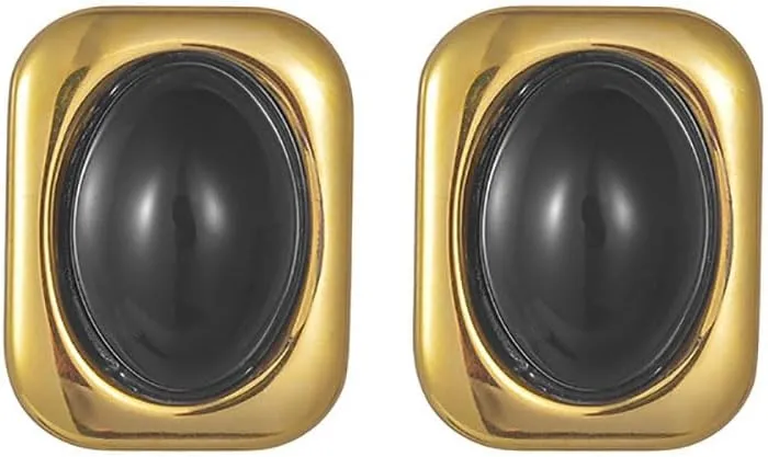 Kokoma Gold Statement Chunky Stud Earrings for Women Stainless Steel Oval Stone Geometric Square Earrings 18K Gold Plated Vintage Trendy Jewelry