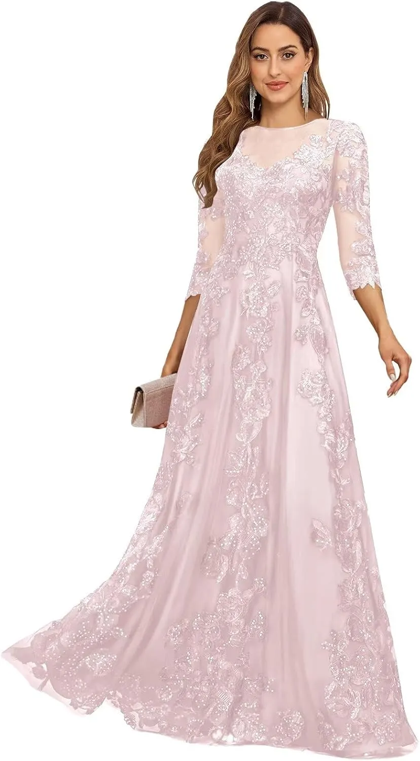 Lace Appliques Long Mother of The Bride Dresses with 3/4 Sleeve Tulle Beaded Scoop Neck Formal Gowns