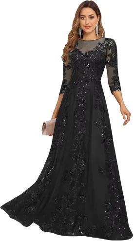 Lace Appliques Long Mother of The Bride Dresses with 3/4 Sleeve Tulle Beaded Scoop Neck Formal Gowns