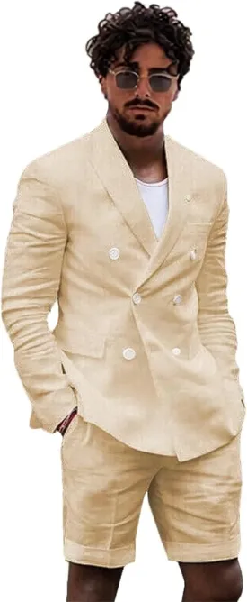 Linen 2 Piece Double Breasted Suit Men Summer Shorts Casual Blazer Tuxedo Groom Beach Wedding Dress (Blazer  Shorts)
