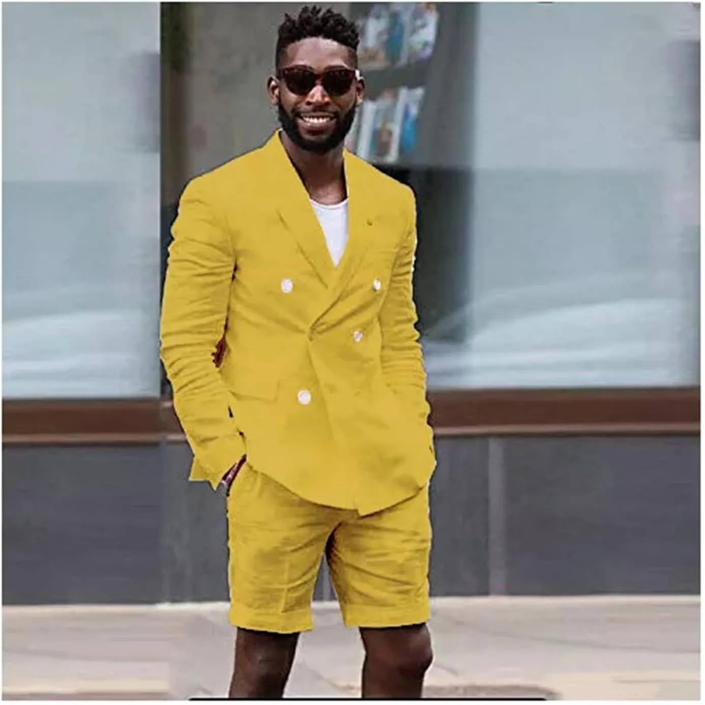 Linen 2 Piece Double Breasted Suit Men Summer Shorts Casual Blazer Tuxedo Groom Beach Wedding Dress (Blazer  Shorts)