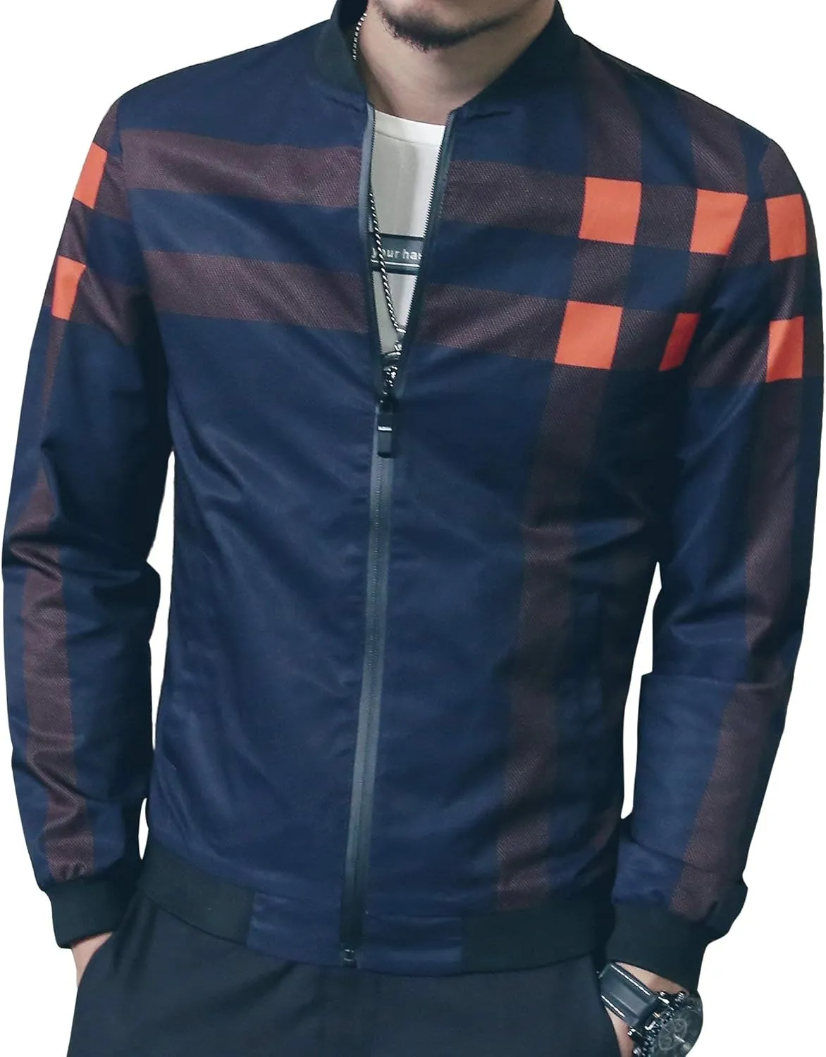 LOGEEYAR Men's Bomber Jacket Casual Lightweight Jacket Color Block Windbreaker Coat with Pocket