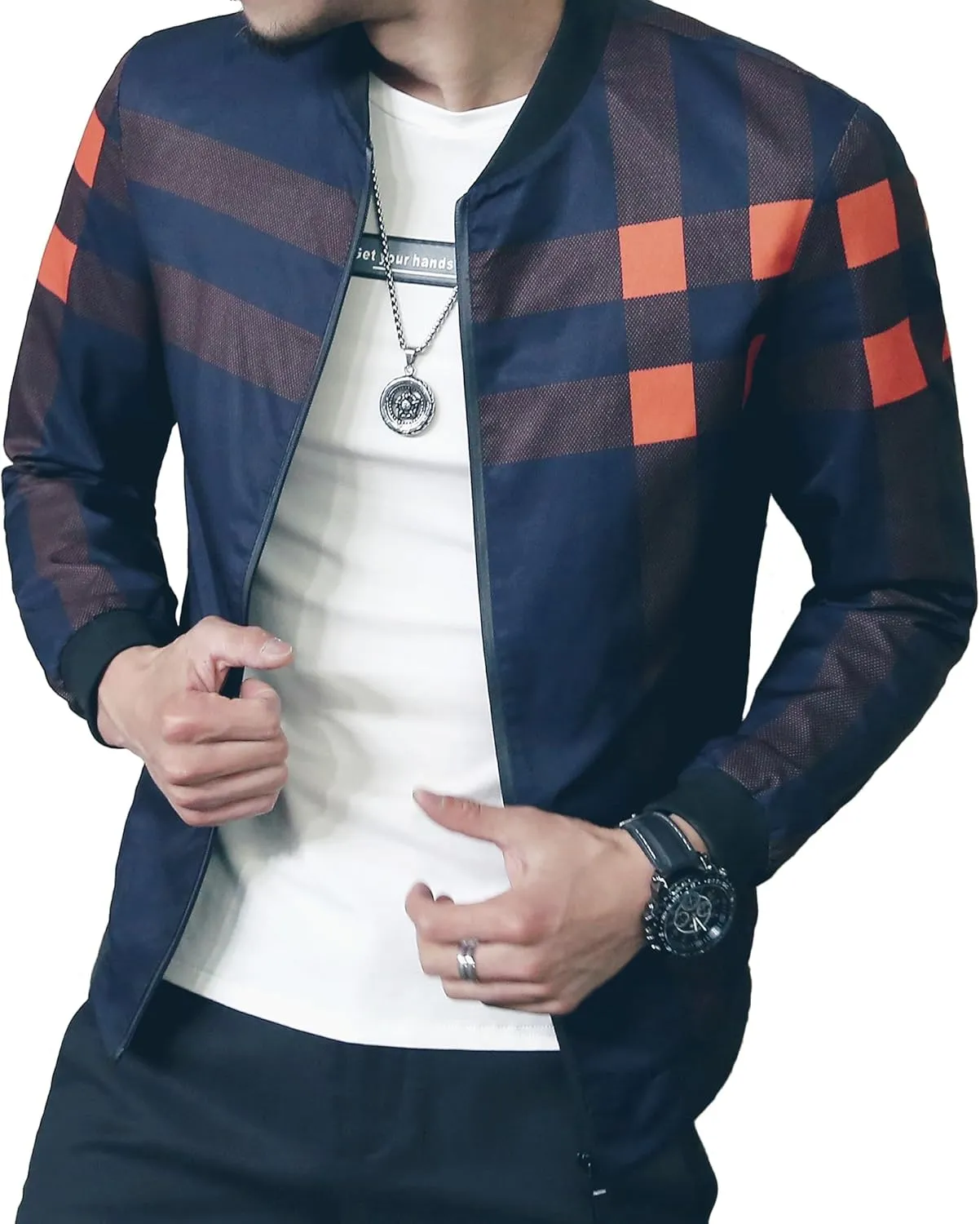 LOGEEYAR Men's Bomber Jacket Casual Lightweight Jacket Color Block Windbreaker Coat with Pocket
