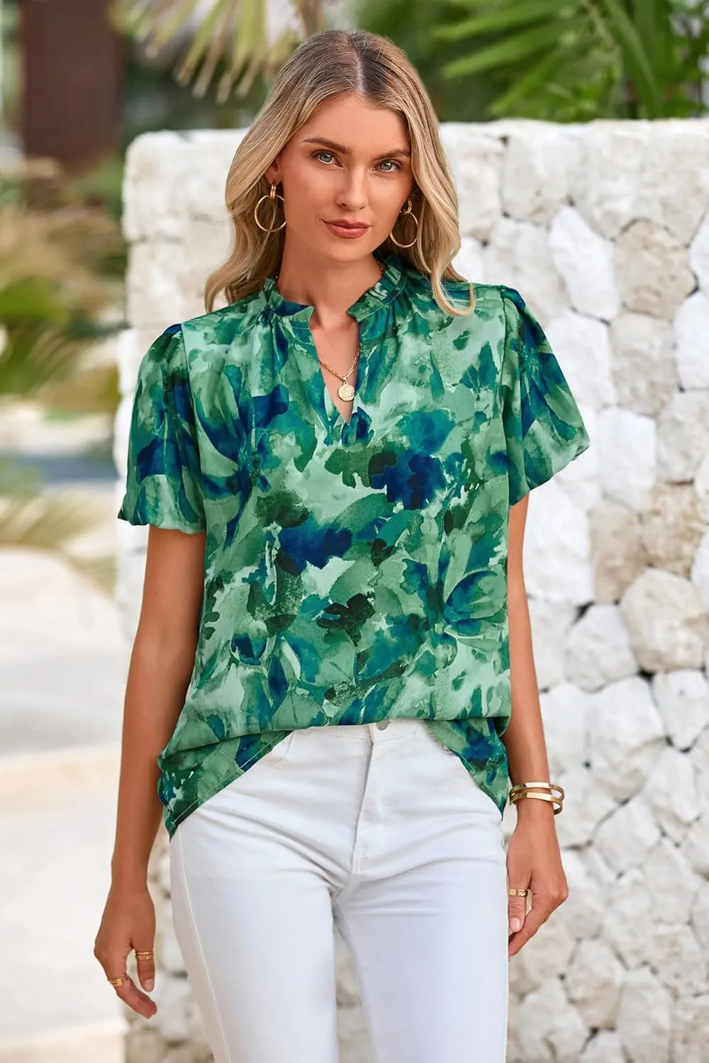 MASCOMODA Boho Short Sleeve Floral Work Blouses for Women Dressy Casual V Neck Puff Sleeve Loose Chiffon Flowy Tops Shirts