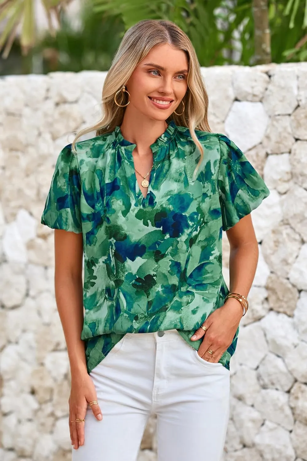 MASCOMODA Boho Short Sleeve Floral Work Blouses for Women Dressy Casual V Neck Puff Sleeve Loose Chiffon Flowy Tops Shirts
