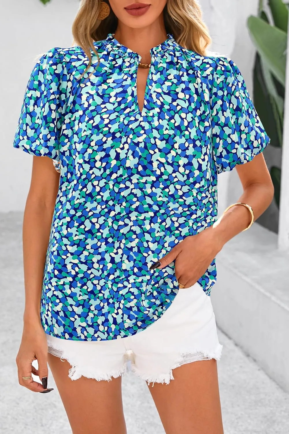MASCOMODA Boho Short Sleeve Floral Work Blouses for Women Dressy Casual V Neck Puff Sleeve Loose Chiffon Flowy Tops Shirts