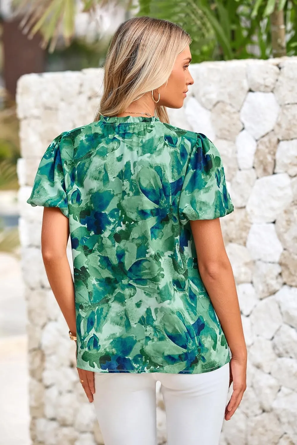MASCOMODA Boho Short Sleeve Floral Work Blouses for Women Dressy Casual V Neck Puff Sleeve Loose Chiffon Flowy Tops Shirts