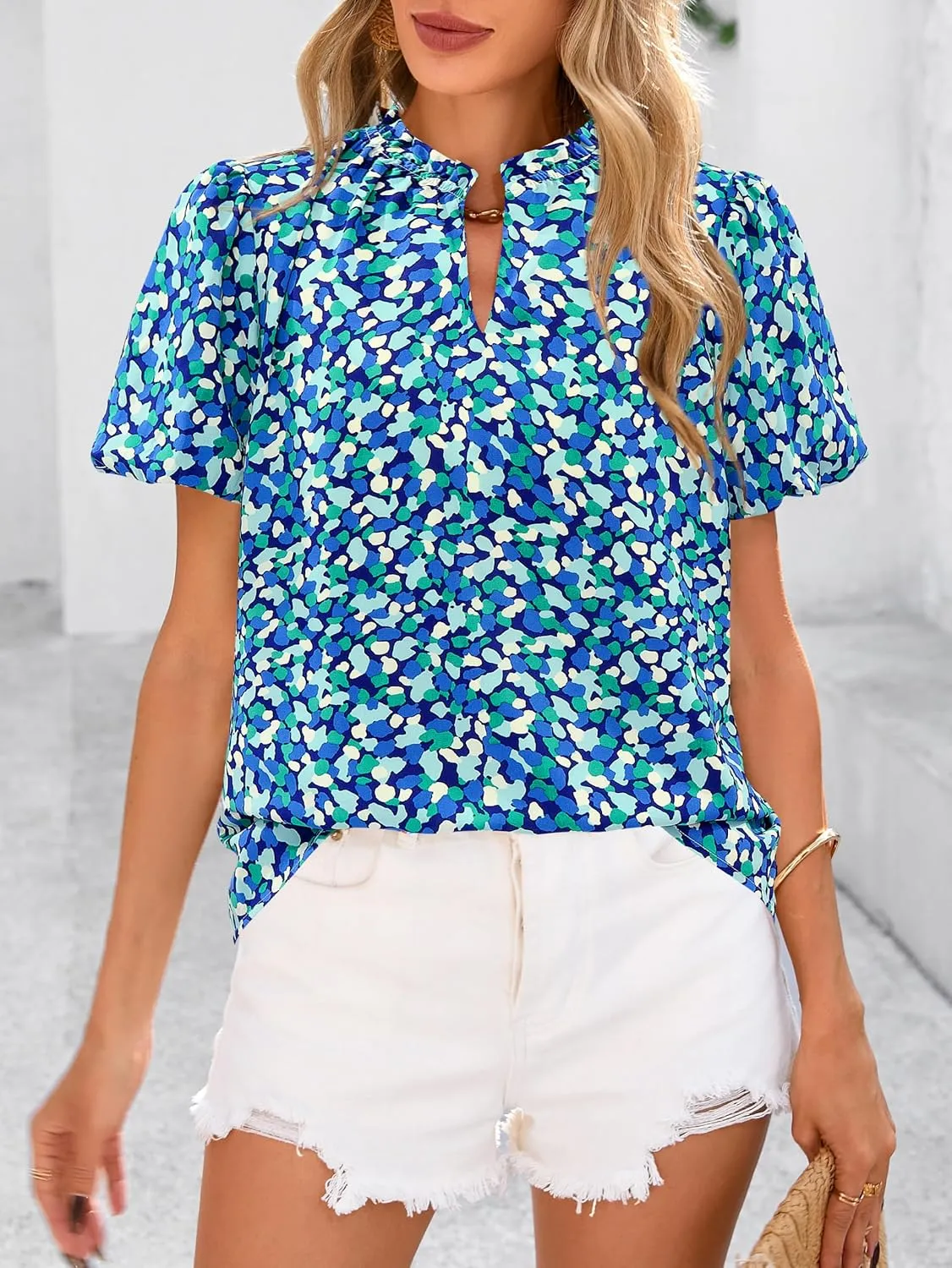 MASCOMODA Boho Short Sleeve Floral Work Blouses for Women Dressy Casual V Neck Puff Sleeve Loose Chiffon Flowy Tops Shirts